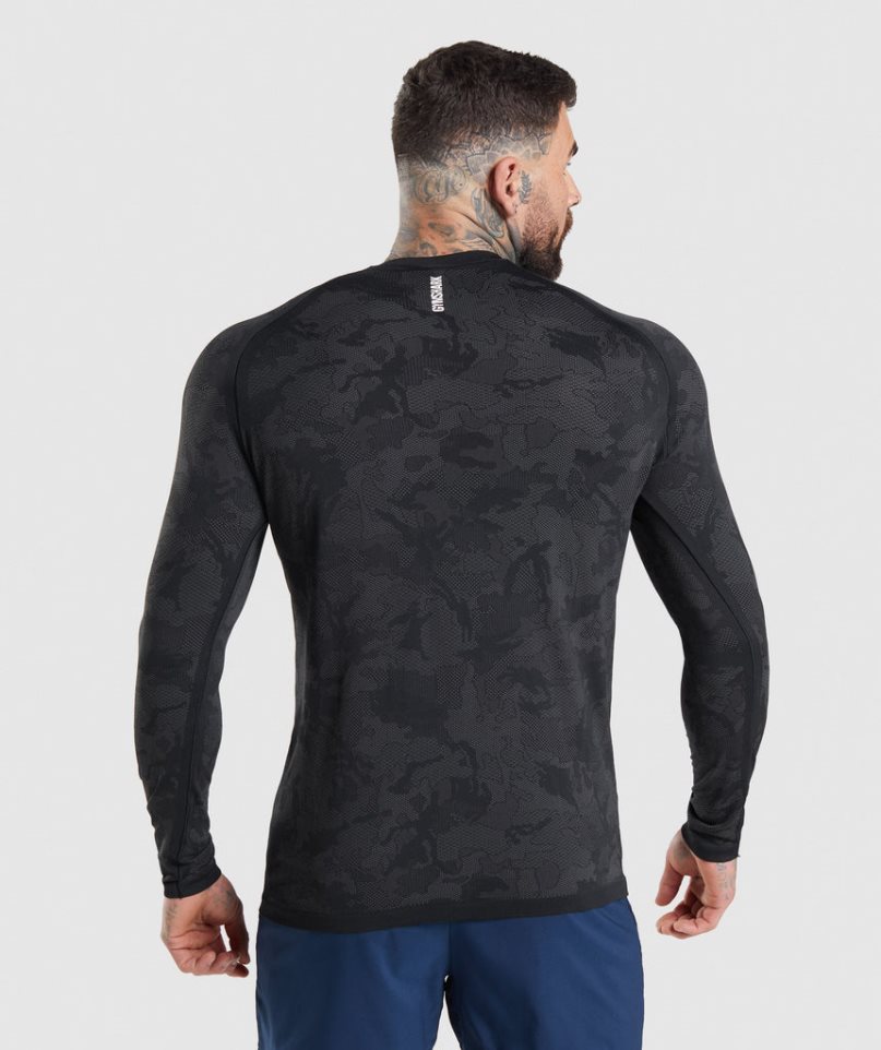 Men's Gymshark Geo Seamless Long Sleeve T-Shirts Black | NZ 2FGYAN